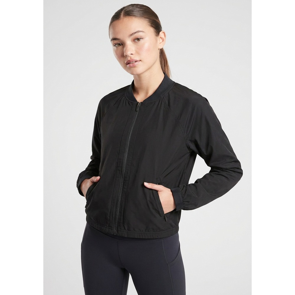 Athleta Women Black Bomber Jacket Full Zip‎ Perforated Lining Side Vents XS